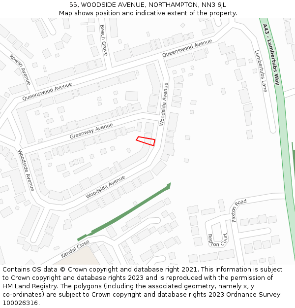 55, WOODSIDE AVENUE, NORTHAMPTON, NN3 6JL: Location map and indicative extent of plot