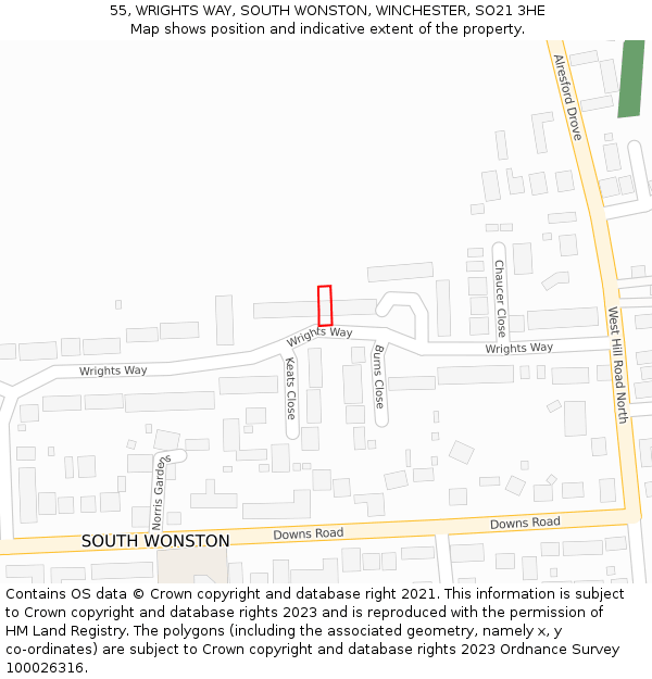 55, WRIGHTS WAY, SOUTH WONSTON, WINCHESTER, SO21 3HE: Location map and indicative extent of plot