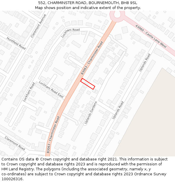 552, CHARMINSTER ROAD, BOURNEMOUTH, BH8 9SL: Location map and indicative extent of plot