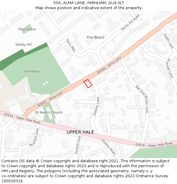 55A, ALMA LANE, FARNHAM, GU9 0LT: Location map and indicative extent of plot