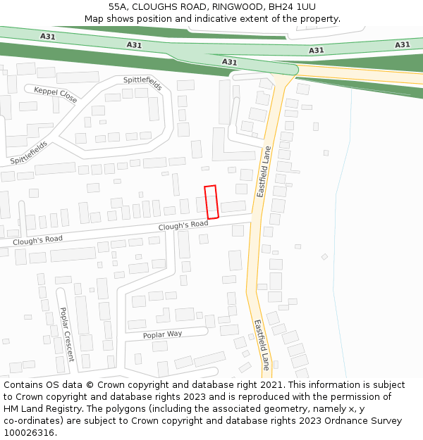 55A, CLOUGHS ROAD, RINGWOOD, BH24 1UU: Location map and indicative extent of plot