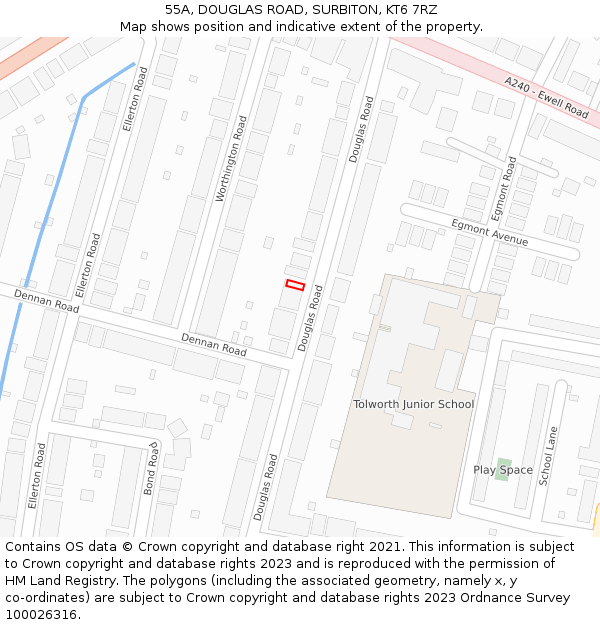 55A, DOUGLAS ROAD, SURBITON, KT6 7RZ: Location map and indicative extent of plot