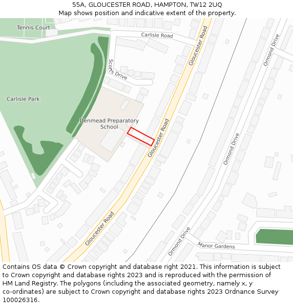 55A, GLOUCESTER ROAD, HAMPTON, TW12 2UQ: Location map and indicative extent of plot