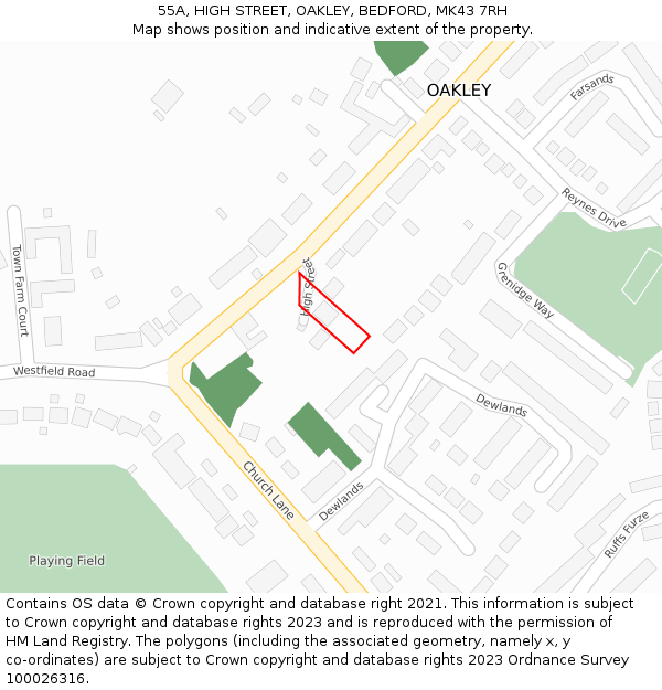 55A, HIGH STREET, OAKLEY, BEDFORD, MK43 7RH: Location map and indicative extent of plot