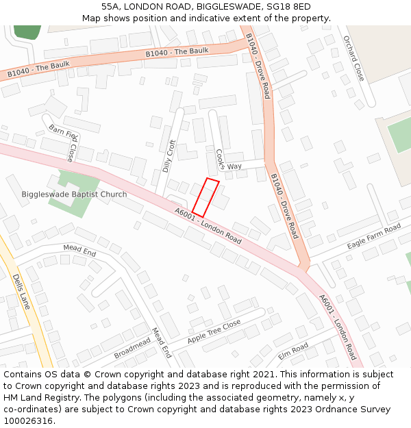 55A, LONDON ROAD, BIGGLESWADE, SG18 8ED: Location map and indicative extent of plot