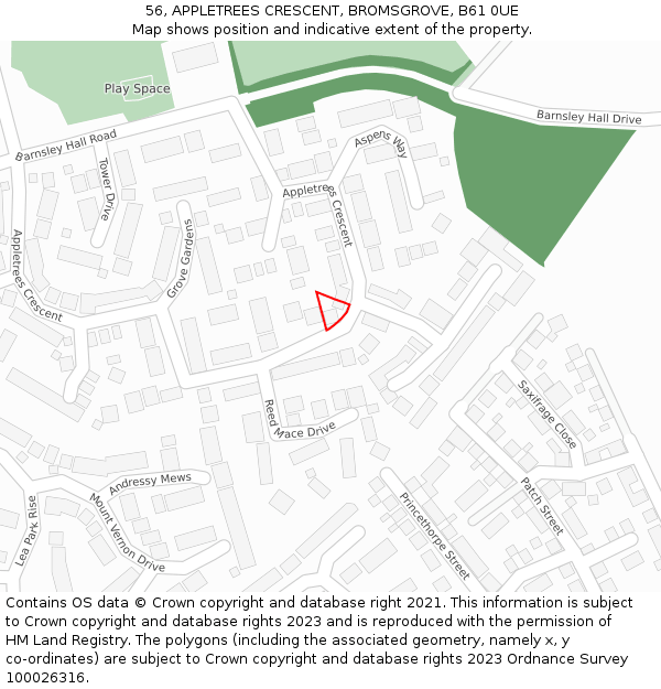 56, APPLETREES CRESCENT, BROMSGROVE, B61 0UE: Location map and indicative extent of plot