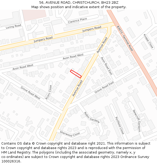 56, AVENUE ROAD, CHRISTCHURCH, BH23 2BZ: Location map and indicative extent of plot