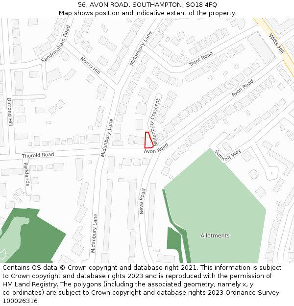 56, AVON ROAD, SOUTHAMPTON, SO18 4FQ: Location map and indicative extent of plot