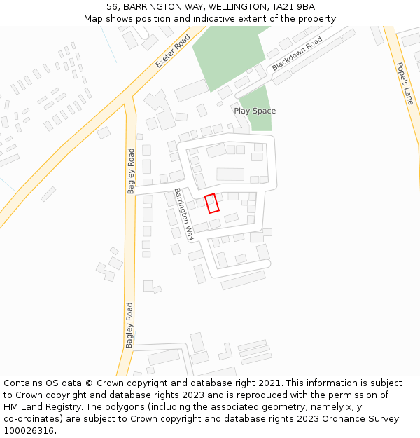 56, BARRINGTON WAY, WELLINGTON, TA21 9BA: Location map and indicative extent of plot