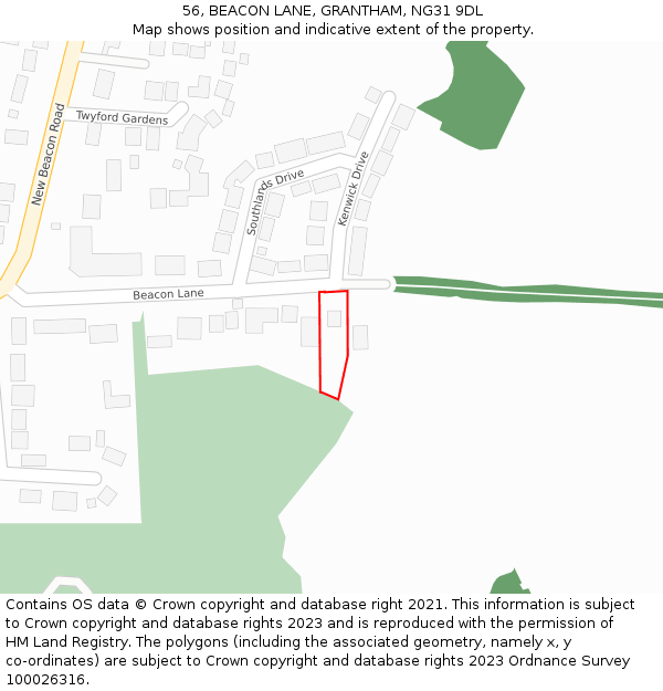 56, BEACON LANE, GRANTHAM, NG31 9DL: Location map and indicative extent of plot