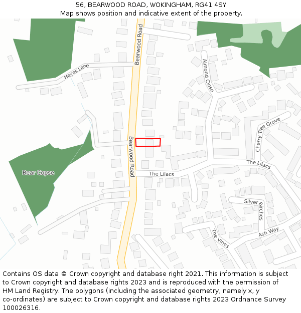 56, BEARWOOD ROAD, WOKINGHAM, RG41 4SY: Location map and indicative extent of plot