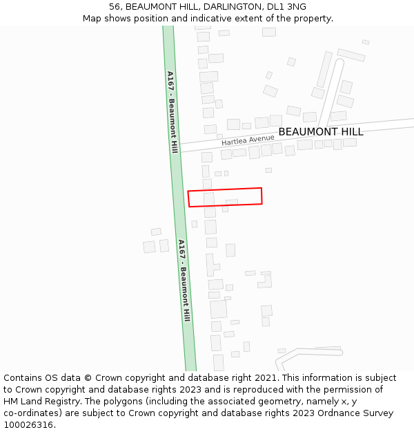 56, BEAUMONT HILL, DARLINGTON, DL1 3NG: Location map and indicative extent of plot