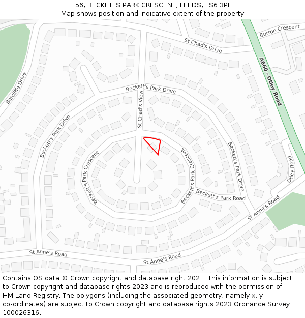 56, BECKETTS PARK CRESCENT, LEEDS, LS6 3PF: Location map and indicative extent of plot