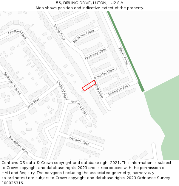 56, BIRLING DRIVE, LUTON, LU2 8JA: Location map and indicative extent of plot