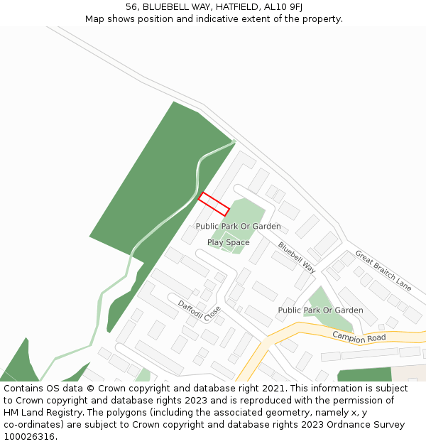 56, BLUEBELL WAY, HATFIELD, AL10 9FJ: Location map and indicative extent of plot