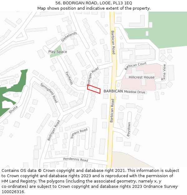 56, BODRIGAN ROAD, LOOE, PL13 1EQ: Location map and indicative extent of plot