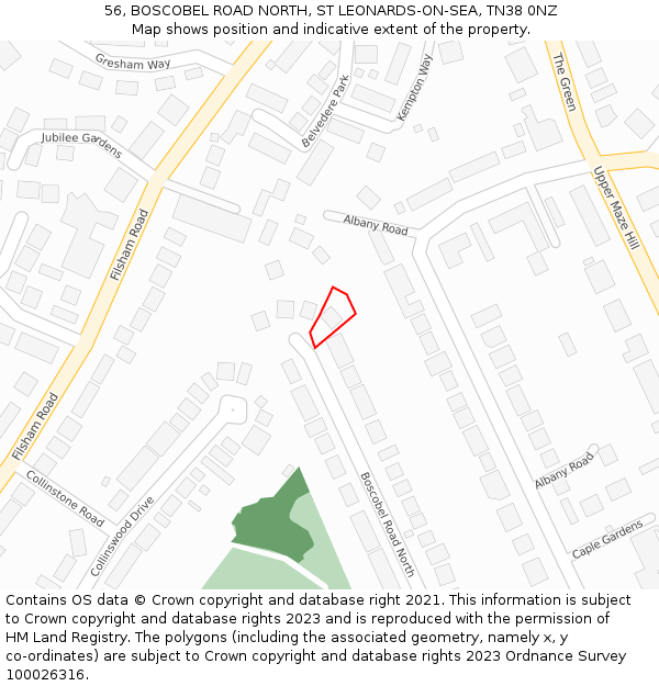 56, BOSCOBEL ROAD NORTH, ST LEONARDS-ON-SEA, TN38 0NZ: Location map and indicative extent of plot