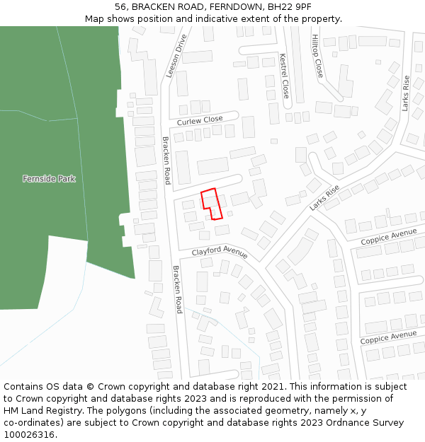 56, BRACKEN ROAD, FERNDOWN, BH22 9PF: Location map and indicative extent of plot