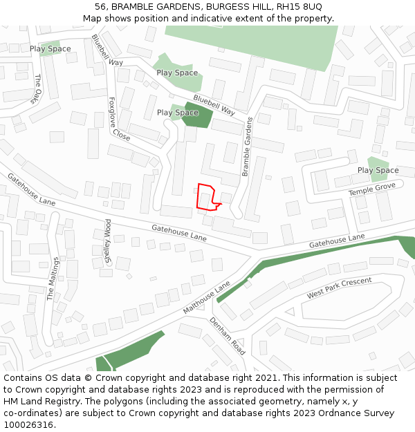 56, BRAMBLE GARDENS, BURGESS HILL, RH15 8UQ: Location map and indicative extent of plot