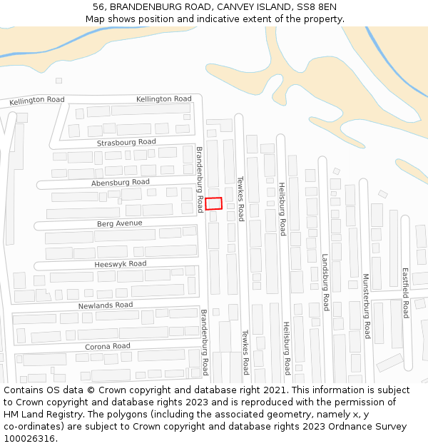 56, BRANDENBURG ROAD, CANVEY ISLAND, SS8 8EN: Location map and indicative extent of plot