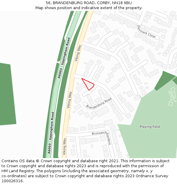 56, BRANDENBURG ROAD, CORBY, NN18 9BU: Location map and indicative extent of plot