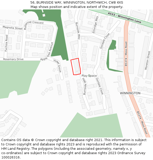 56, BURNSIDE WAY, WINNINGTON, NORTHWICH, CW8 4XS: Location map and indicative extent of plot