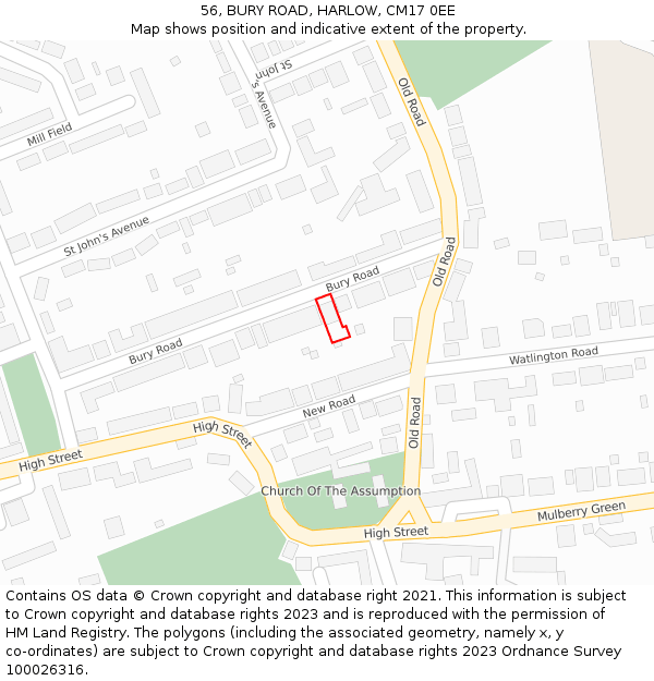 56, BURY ROAD, HARLOW, CM17 0EE: Location map and indicative extent of plot