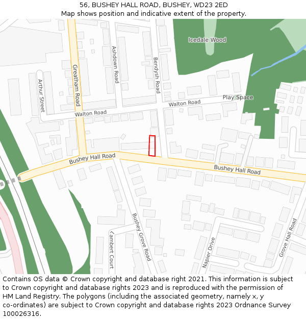 56, BUSHEY HALL ROAD, BUSHEY, WD23 2ED: Location map and indicative extent of plot