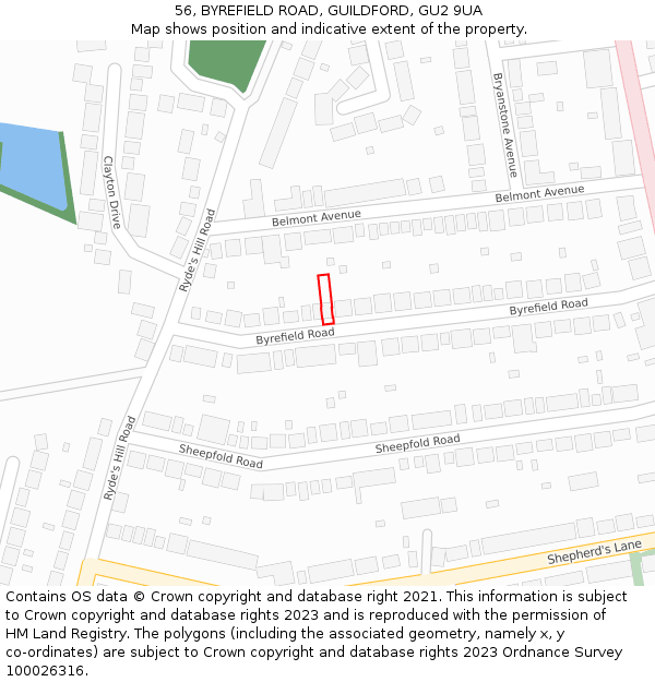 56, BYREFIELD ROAD, GUILDFORD, GU2 9UA: Location map and indicative extent of plot