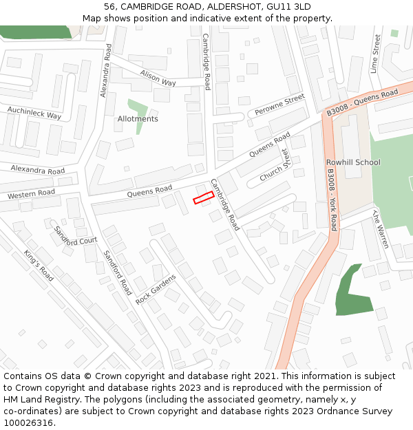 56, CAMBRIDGE ROAD, ALDERSHOT, GU11 3LD: Location map and indicative extent of plot
