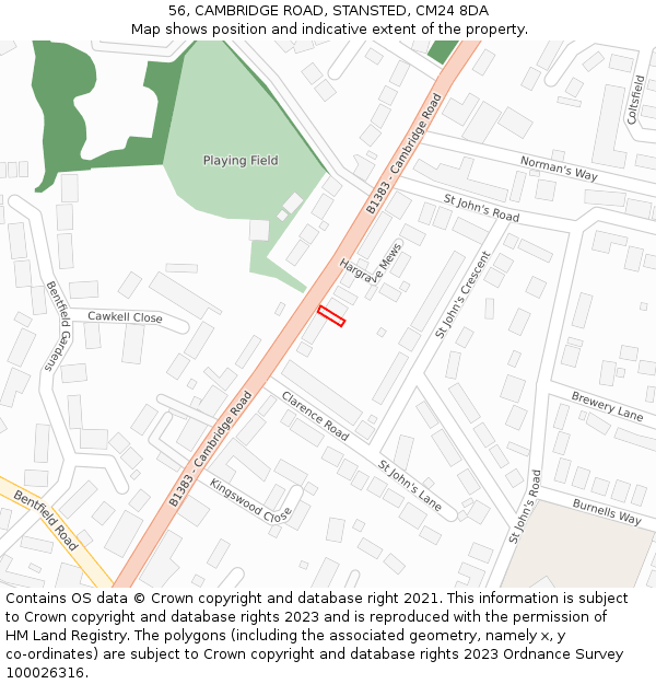 56, CAMBRIDGE ROAD, STANSTED, CM24 8DA: Location map and indicative extent of plot