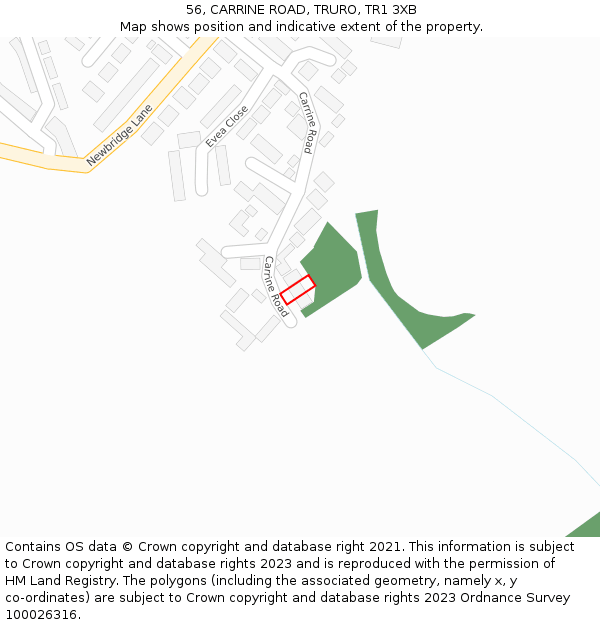 56, CARRINE ROAD, TRURO, TR1 3XB: Location map and indicative extent of plot