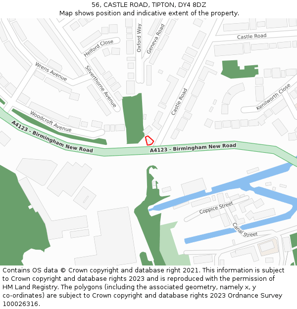 56, CASTLE ROAD, TIPTON, DY4 8DZ: Location map and indicative extent of plot