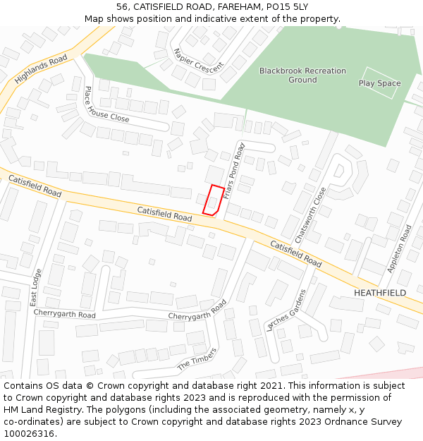 56, CATISFIELD ROAD, FAREHAM, PO15 5LY: Location map and indicative extent of plot