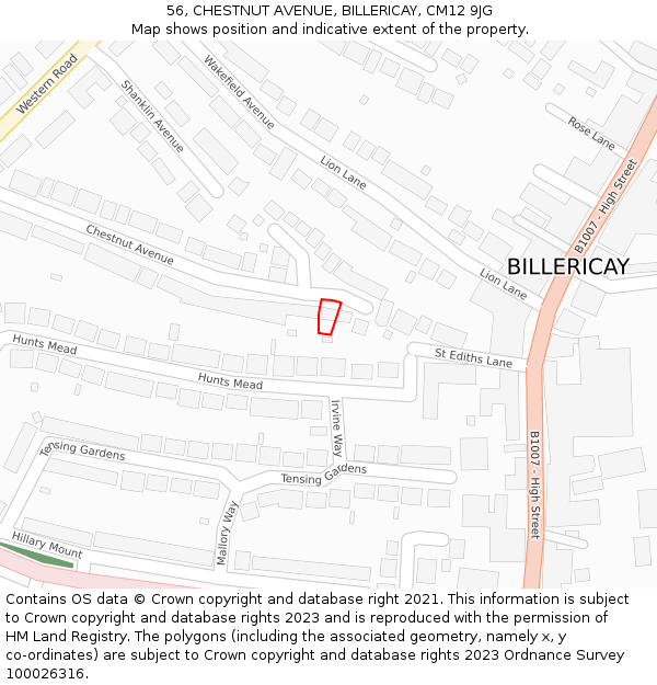56, CHESTNUT AVENUE, BILLERICAY, CM12 9JG: Location map and indicative extent of plot
