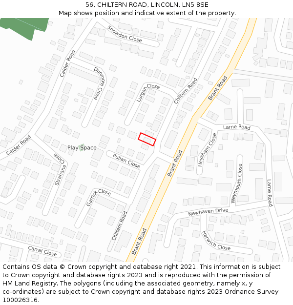 56, CHILTERN ROAD, LINCOLN, LN5 8SE: Location map and indicative extent of plot