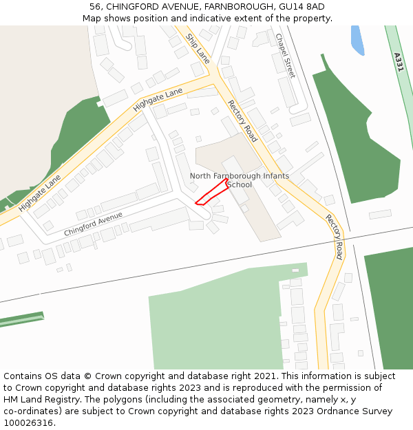 56, CHINGFORD AVENUE, FARNBOROUGH, GU14 8AD: Location map and indicative extent of plot