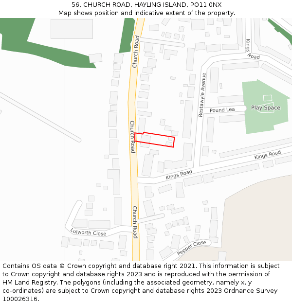 56, CHURCH ROAD, HAYLING ISLAND, PO11 0NX: Location map and indicative extent of plot