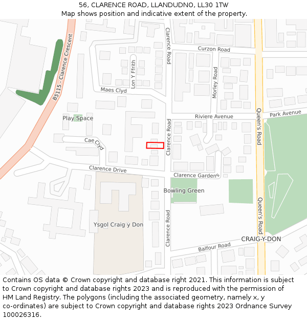 56, CLARENCE ROAD, LLANDUDNO, LL30 1TW: Location map and indicative extent of plot