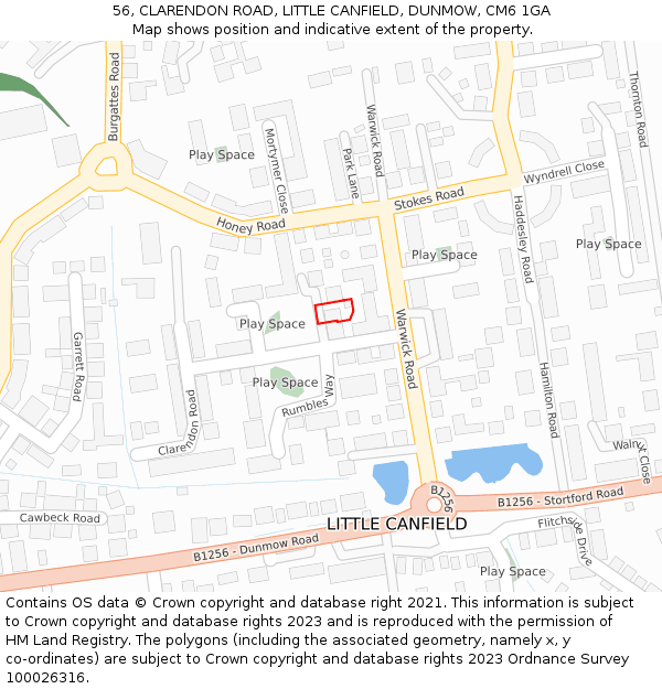 56, CLARENDON ROAD, LITTLE CANFIELD, DUNMOW, CM6 1GA: Location map and indicative extent of plot