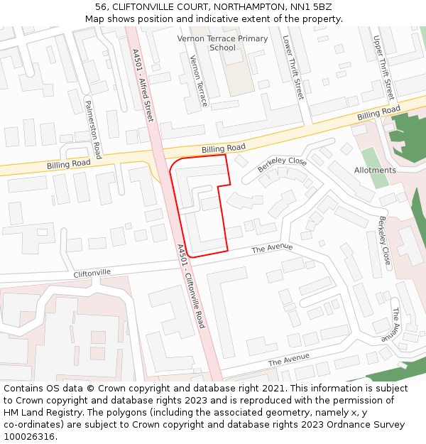 56, CLIFTONVILLE COURT, NORTHAMPTON, NN1 5BZ: Location map and indicative extent of plot