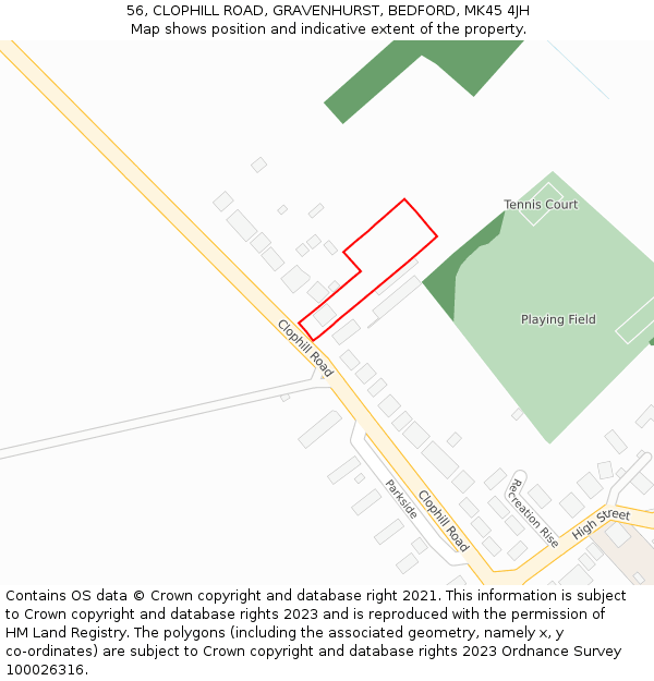 56, CLOPHILL ROAD, GRAVENHURST, BEDFORD, MK45 4JH: Location map and indicative extent of plot