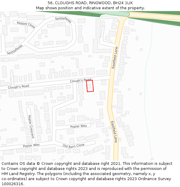 56, CLOUGHS ROAD, RINGWOOD, BH24 1UX: Location map and indicative extent of plot