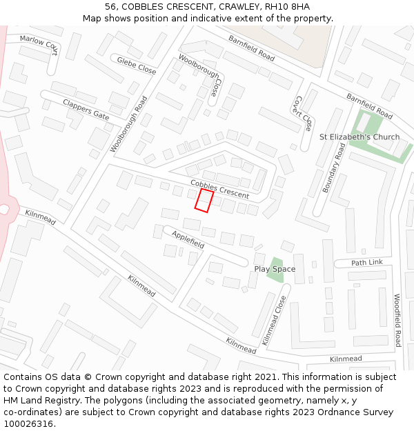 56, COBBLES CRESCENT, CRAWLEY, RH10 8HA: Location map and indicative extent of plot