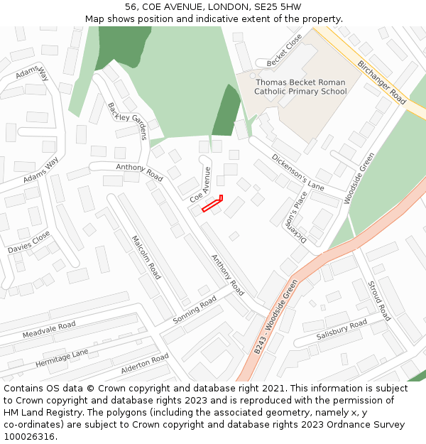 56, COE AVENUE, LONDON, SE25 5HW: Location map and indicative extent of plot