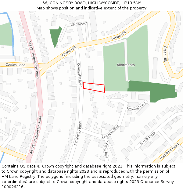 56, CONINGSBY ROAD, HIGH WYCOMBE, HP13 5NY: Location map and indicative extent of plot