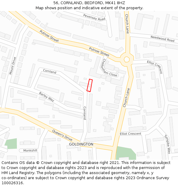 56, CORNLAND, BEDFORD, MK41 8HZ: Location map and indicative extent of plot