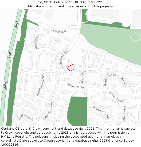 56, COTON PARK DRIVE, RUGBY, CV23 0WN: Location map and indicative extent of plot