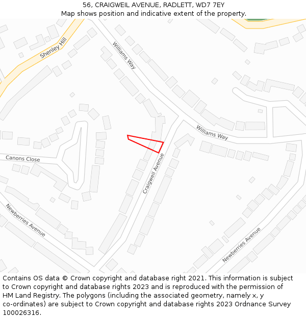 56, CRAIGWEIL AVENUE, RADLETT, WD7 7EY: Location map and indicative extent of plot