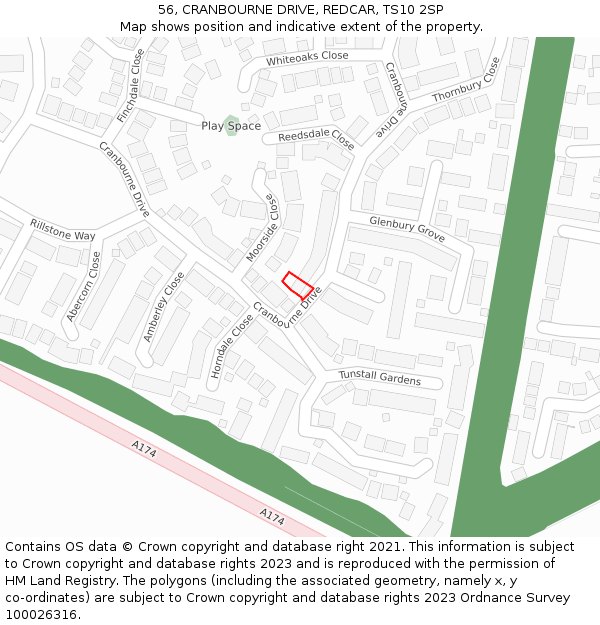 56, CRANBOURNE DRIVE, REDCAR, TS10 2SP: Location map and indicative extent of plot